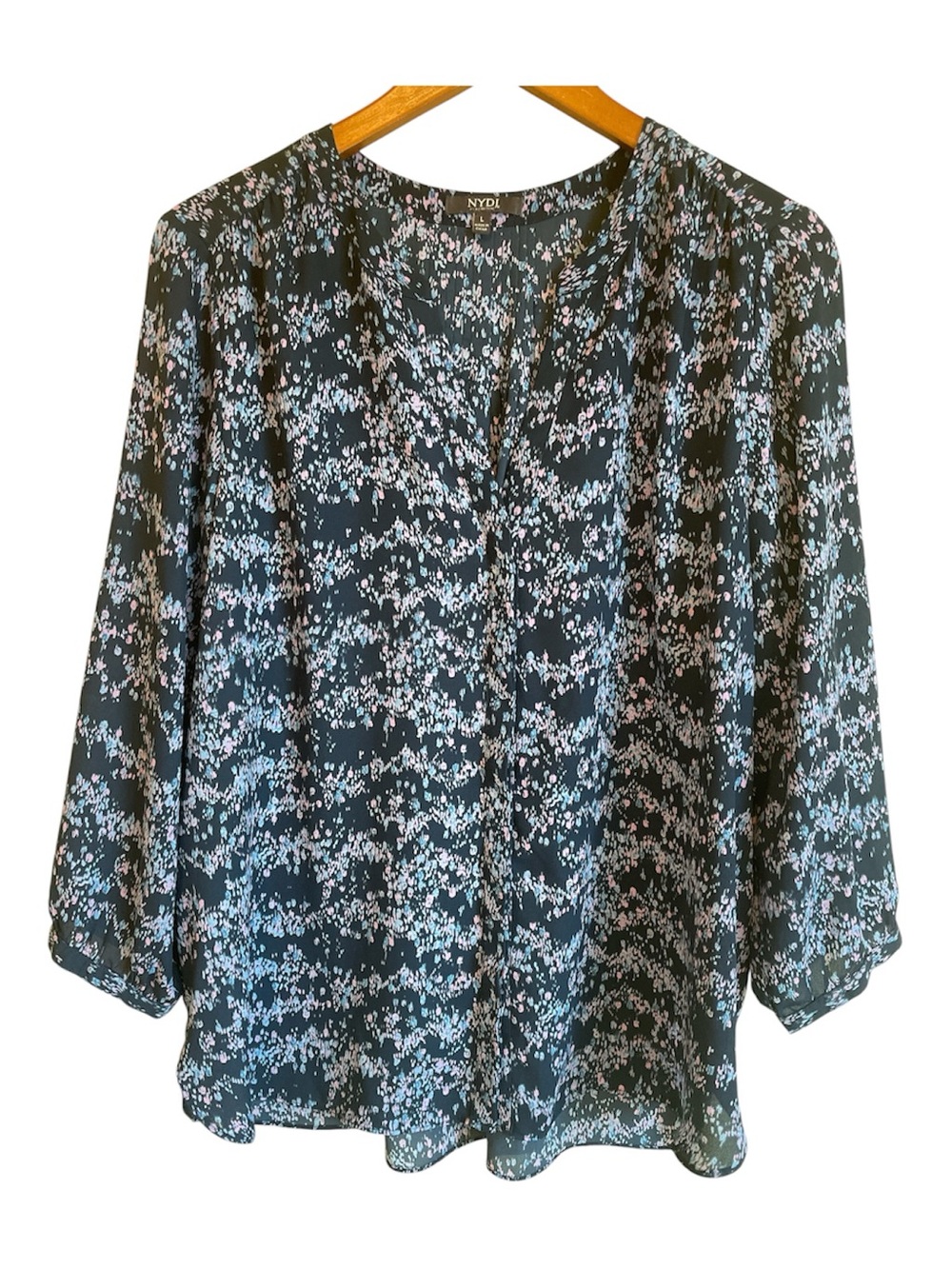 NYDJ Black Floral Split-V Blouse with Pale Pink Accents